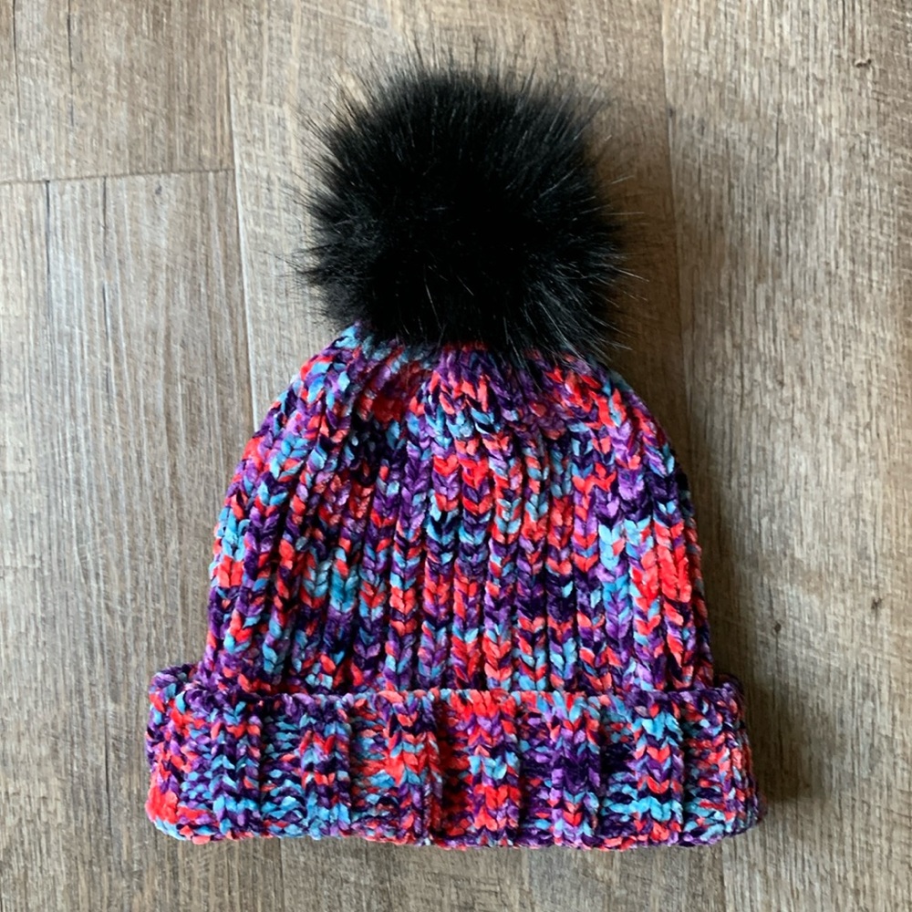 Multicolored pom beanie hat